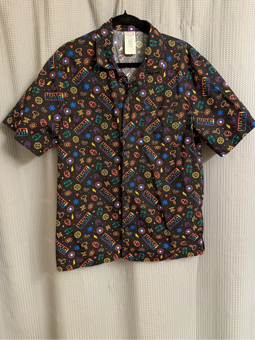 Marvel Black Short-Sleeve Button-Down Poplin Shirt w/ Multicolor Superhero Icons